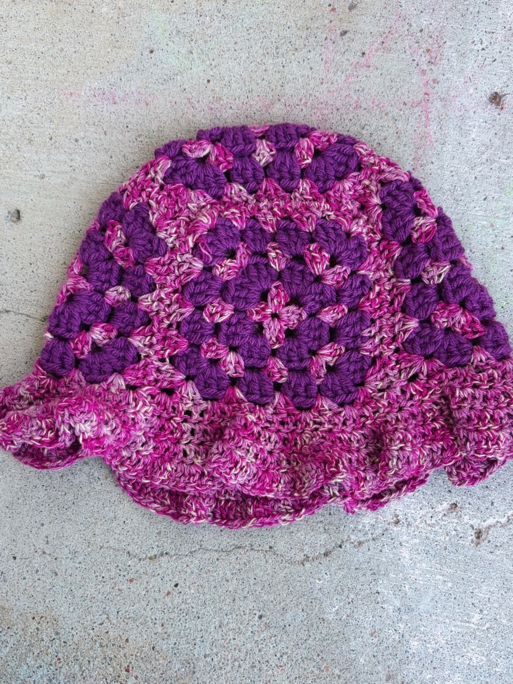 Handmade Crocheted Granny Square Bucket Hat in Pink and Purple with Ruffle